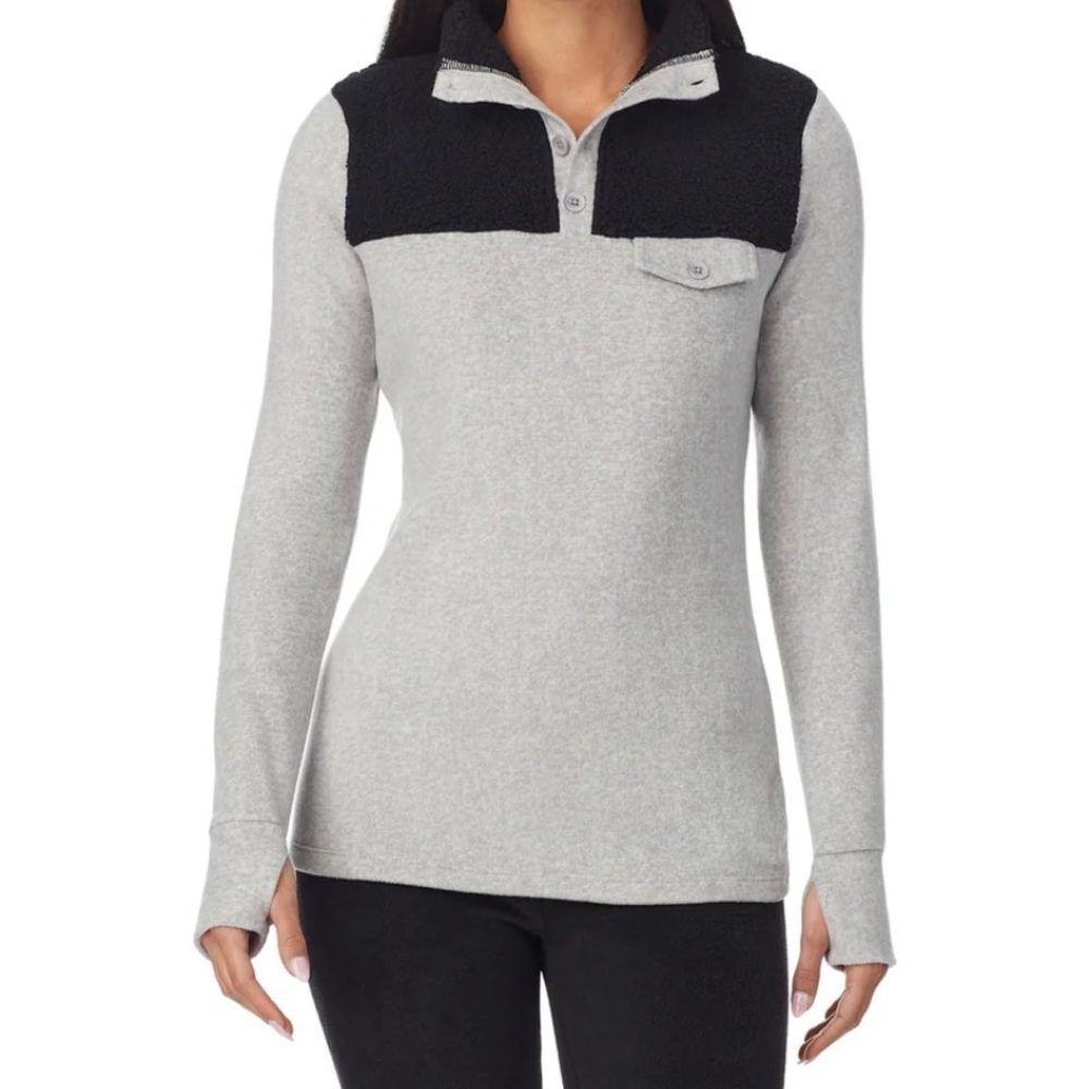 Cuddl Duds Black Fleecewear Mock Neck Henley with Sherpa with Stretch, XL